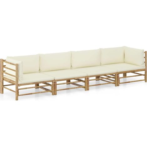 Salon de jardin 4 pcs Ensemble Table et Chaise de Jardin - avec coussins blanc crème Bambou BV623194 - BonneVie (1/5)