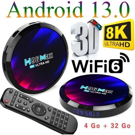 Android TV Box, Boitier iptv Android 13.0 TV Box 4GB RAM/32GB ROM smart media player 2.4GHz/5.0GHz WiFi BT5.0 8K 3D Smart TV Box (1/4)