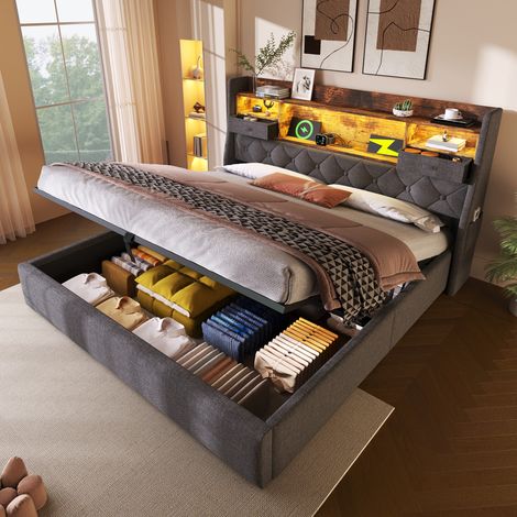 Lit Rembourré 140x190 cm avec Rangement Hydraulique, LED, USB et Type-C, Sommier à Lattes, Gris