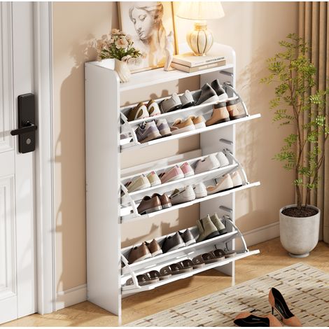 Schuhschrank 70x25x120 cm Weiß MDF mit 6 Fächern und Klapptüren (1/5)