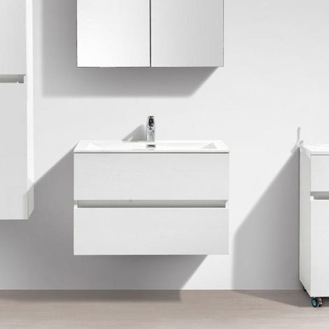 Stano. – Meuble salle de bain suspendu 80 cm – Vasque en marbre synthétique blanc – 2 tiroirs avec rails amortisseurs – Design minimaliste