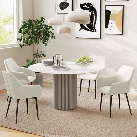 Lot de 2 fauteuils de salle à manger scandinaves, dossier rembourré, accoudoirs incurvés, velours aspect crème, 54x57x80 cm (1/5)