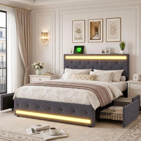 Lit capitonné 140x200 avec led et usb, lit 2 places avec 4 tiroirs, cadre de lit adulte avec sommier à lattes et tête, gris lin, sans matelas (1/5)