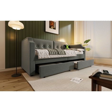 Sofabett 90x200 cm mit USB & Leselampe - Samt Grau, 2 Stauraumschubladen, Tagesbett ohne Matratze (1/5)