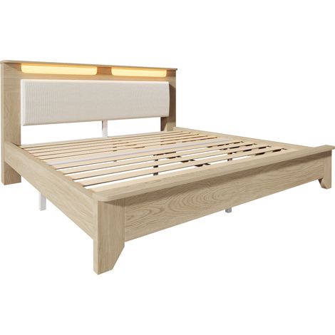 Cama doble 140 x 200 cm con cabecero LED, almacenaje y tapizado de pana beige (1/5)