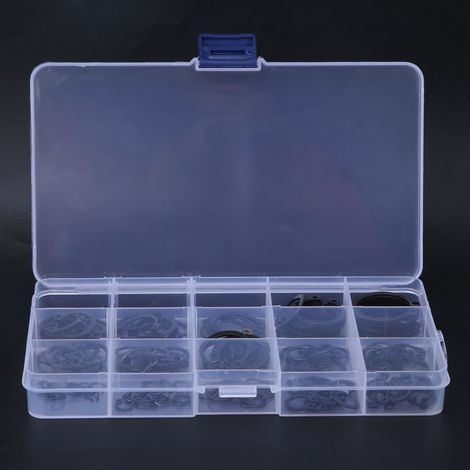 Lot de 175 bagues d'arrêt 65Mn acier à ressort, clips internes et externes, diamètre 6-25 mm, assortiment complet pour fixation d'arbres et alésages. (1/2)