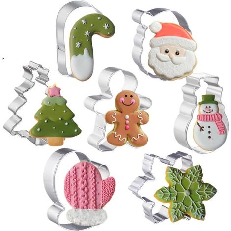 Set di 7 formine per biscotti natalizi, in acciaio inossidabile: pupazzo di neve, albero di Natale, omino di pan di zenzero, bastoncino di zucchero, fiocco di neve (1/4)