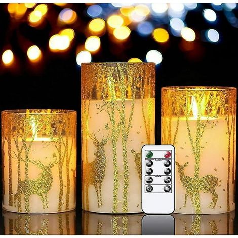 Bougies sans flamme en verre vacillant avec télécommande et minuterie - Lot de 3 bougies en cire décorées de rennes et d'élans dorés - Flammes dansantes réalistes incluses (1/5)