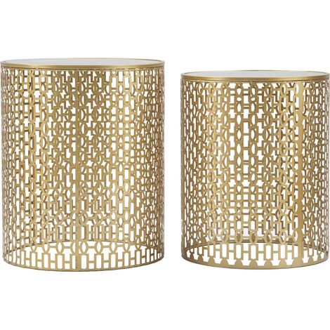 Tavolinetti Coppia Oblin Ø41x50-37,5x47 cm in Ferro MDF e Vetro Oro