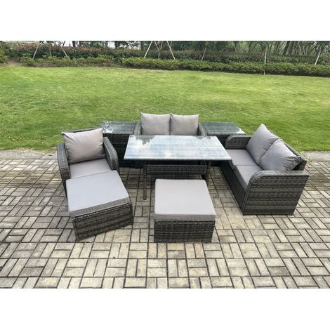 Fimous 7 Sitzer Rattan Garten Sofa Set Gartenmöbel Langer Rechteckiger Esstisch mit Sesseln 2 Großer Hockern 2 Beistelltischen Dunkelgrau gemischt (1/5)