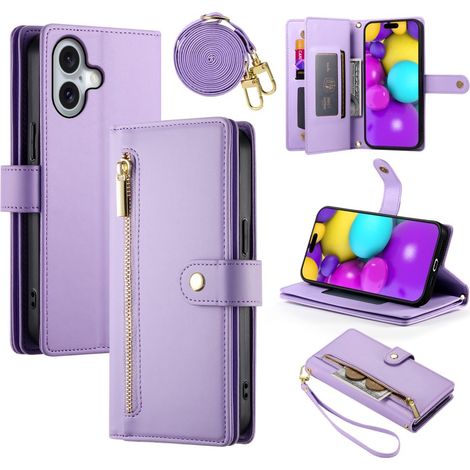 Custodia a libro per iPhone 16 Plus, con portafoglio e tasca con cerniera, colore viola. (1/5)