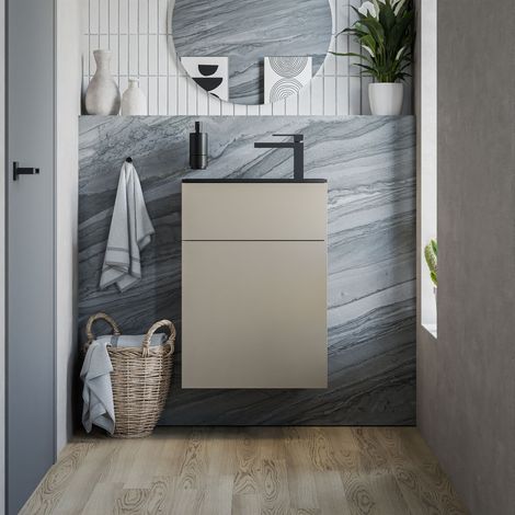 BERNSTEIN - Mueble lavabo suspendido MDF beige mate, lavabo negro mate + orificio grifería + desagüe, Bisagra puerta izquierda - 50x26x72cm - KONDA Negro mate, Basalto mate