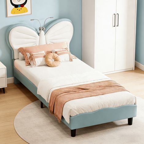 Lit simple capitonné 90x200cm, lit enfant 90x200cm avec tête de lit en forme de papillon, Lampe de lecture intégrée, Sommier à lattes, Velours, Bleu (1/5)