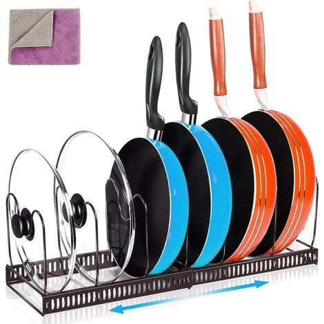 Organisateur de casseroles et poêles à fixer sous un meuble, support extensible pour couvercles de casseroles avec séparateurs ajustables pour planche à découper, poêles en fonte et ustensiles de cuis (1/5)