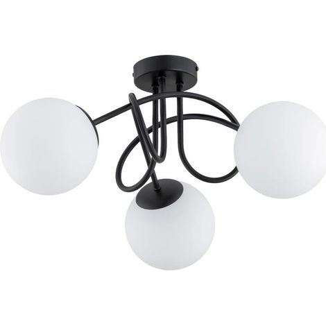 Alfa BANKO Classic Black Metal Ceiling Light with 3 White Globe Shades, 3xE14 (max 10W) Flush Mount Lamp, 50cm Wide, IP20 for Living Room Bedroom Office