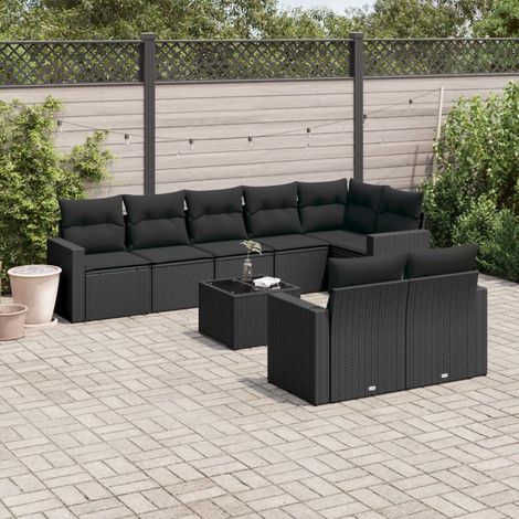 Salon de Jardin 9 Pièces en Résine Tressée avec Coffres de Rangement et Coussins Noir, 78.6kg - PANGIVO (1/3)