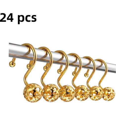 Lot de 24 crochets de rideau de douche ronds en métal avec roulettes, crochets décoratifs sans perçage, dorés (1/5)