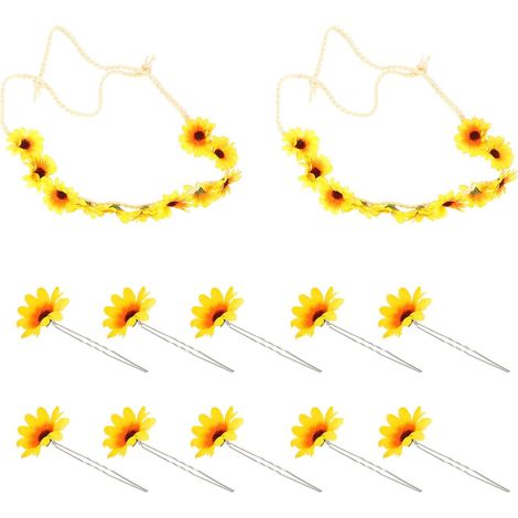 Ensemble de 12 Accessoires pour Cheveux avec 2 Bandeaux à Fleurs Tournesol en Tissu Jaune et 10 Barrettes Délicates pour Filles, pour Fêtes et Mariages (1/5)