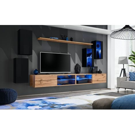 Ensemble meuble TV mural Switch XXV - L 280 x P 40 x H 140 cm - Marron et noir - Livraison gratuite