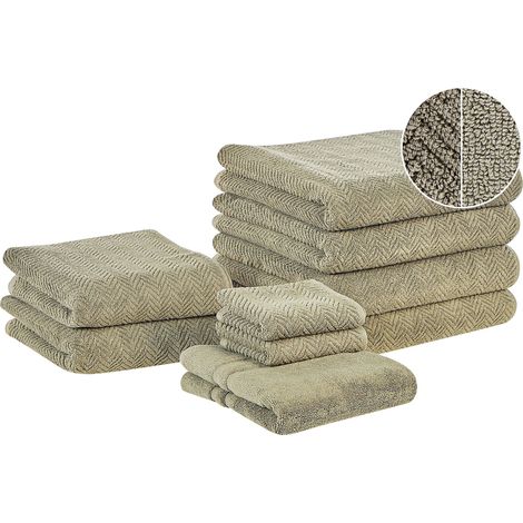Set of 9 Towels MITIARO Terry Cotton Olive Green