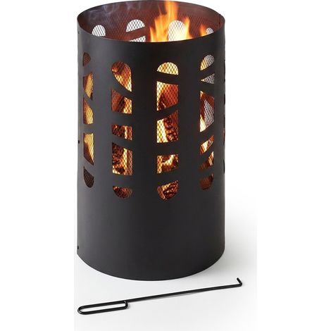 Relaxdays Brasero, acier, grille de foyer, tisonnier, pare-étincelles, HxD 60x37 cm, panier feu jardin et terrasse, noir (1/5)