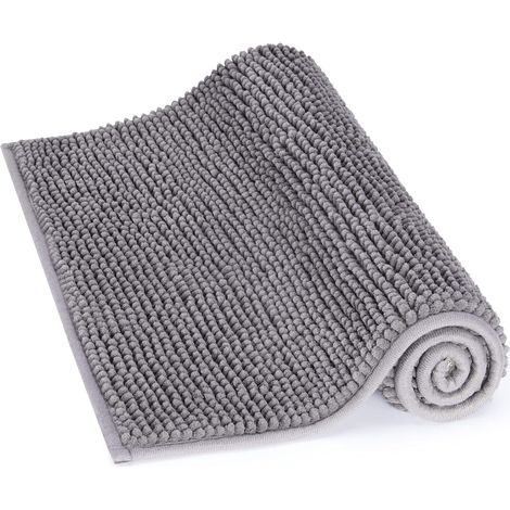 Tapis de bain antidérapant et absorbant 80 cm x 50 cm, en microfibre chenille grise.