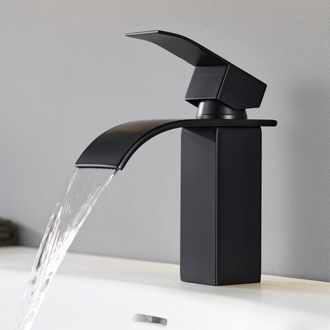 Mitigeur de lavabo noir mat à jet cascade, levier unique (1/5)