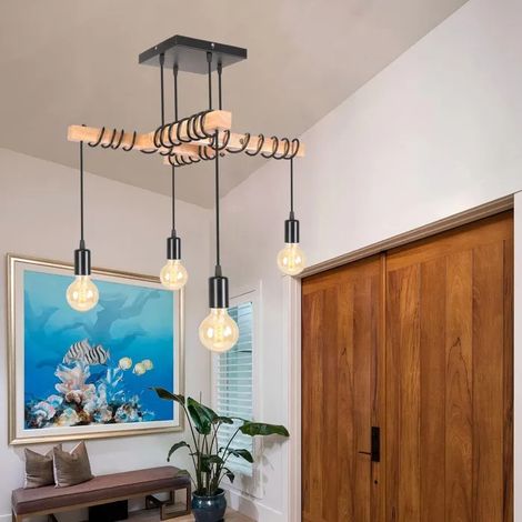 4lampes Lampe Suspension Industriel Vintage,Lustre Retro en Métal et Bois E27 Lampe de Plafond Réglable Retro pour Salon Cafes (1/5)