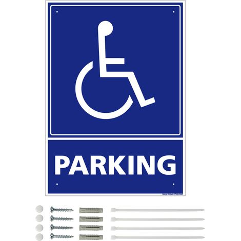 Panneau de signalisation prépercé PVC ou ALU rectangulaire + kit de fixation - Parking réservé aux handicapés - ALU 2 mm - 300 x 420 mm