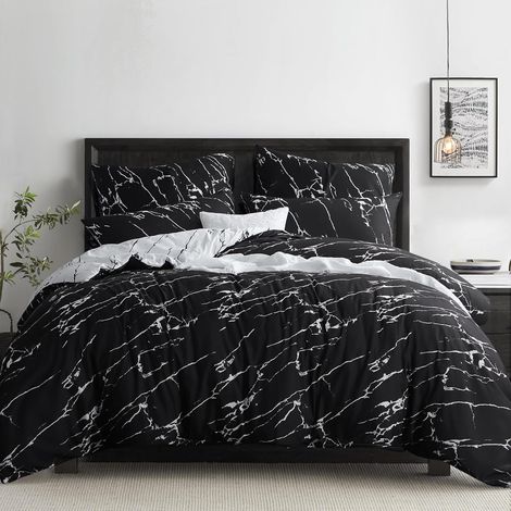 Parure de lit 3 pièces 200 x 220 cm - Noir - Housse de couette 200 x 220 cm - Avec motif marbré - En microfibre avec fermeture éclair - Doux et infroissable (1/5)