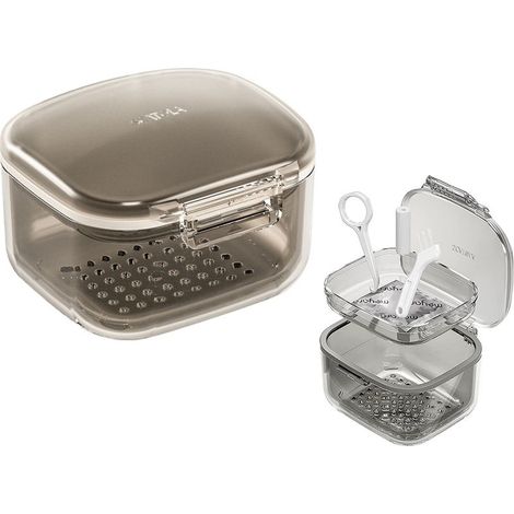 Boîte dentaire triple étage pour rétention orthodontique avec drainage, coupe portable en PP médical, dimensions 8x8x6 cm, bleu/noir, kit complet incluant tray, tool, chewie et brush (1/5)