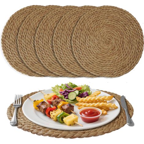 Lot de 6 sets de table ronds, lavables, faits à la main, en jonc de mer naturel, résistants à la chaleur et antidérapants, pour table à manger, cuisine (1/5)