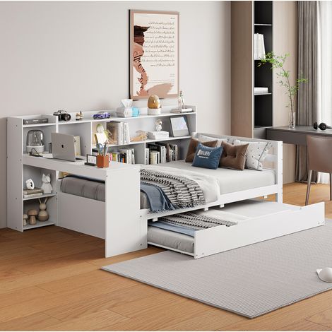 Lit simple enfant 90x200 cm avec bureau et lit gigogne, blanc, en bois, sans matelas FloraGrace (1/5)