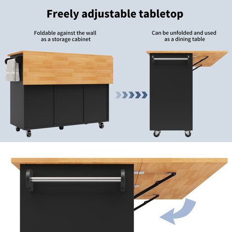 Îlot de cuisine moderne, meuble de cuisine, chariot de cuisine extensible sur roulettes avec plan de travail, desserte avec range-épices et 8 tiroirs, noir (1/5)