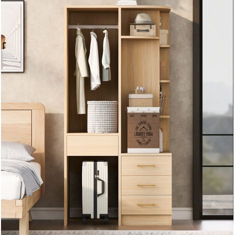 Armario ropero con acabado madera clara, zona abierta para colgar, estantes y cajones, 70 × 55 × 175 cm, para dormitorio, vestidor u oficina independiente -FLORAGRACE (1/5)