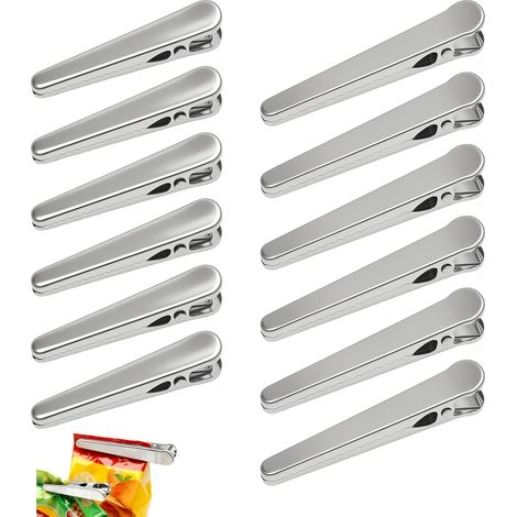 Shine Home 12 Pièces Pinces de Sac, Pinces Métalliques, Pinces de Fermeture 6 Grandes & 6 Petites Pinces Alimentaires Inox, Clips de Sac Réutilisables, Pince Fermeture Sac pour Cuisine, Café, Pain, Ca