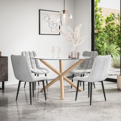 Malvern Round Dining Table And Chairs - Clear Glass Table Top w Solid Oak Legs + Nova Velvet Dining Chair Set Of 4 (Grey) (1/5)
