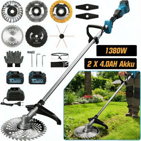 1380W Coupe-Bordures à Batterie Brushless Sans Fil avec 2 Batteries 4.0AH 18800 RPM, Debroussailleuse Electrique 168cm avec 7 Types de Lames Ø250 mm Max, pour la Coupe de Jardin, Compat. Makita 18V