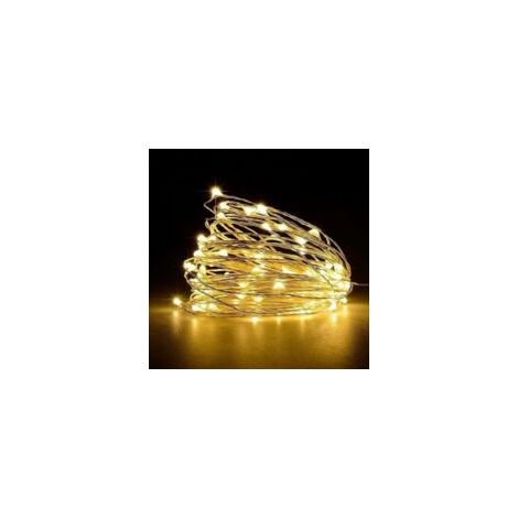 Guirnalda de luces LED, [1 unidad] Guirnalda de luces a pilas con 5 m y 50 LED de luz blanca cálida en cable plateado para dormitorio, fiesta, boda (blanco cálido)