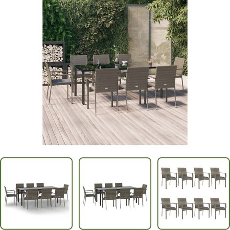 Gartenessgruppe - 9-tlg. Garten-Essgruppe mit Kissen Schwarz und Grau Poly Rattan (1/5)