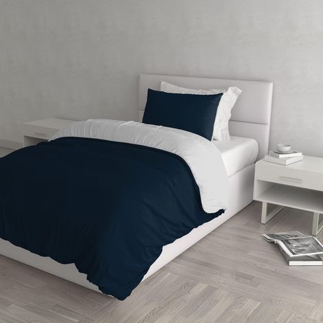 Housse de couette double-face couleur unie avec taies d'oreiller, 100 % Coton, Bleu foncé/Gris Clair, single (1/5)