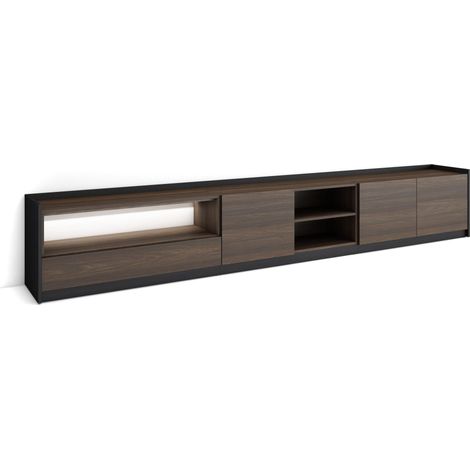 Skraut Home - Mueble TV, Televisión, Muebles de salón, almacenaje, 310x37x50cm, Para TV hasta 80", LED, Estilo Moderno, Roble oscuro y Negro (1/5)