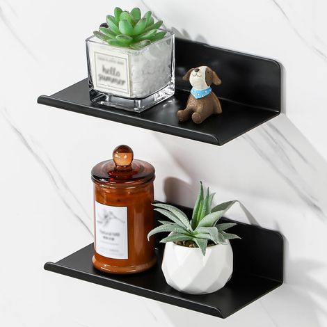 Lot de 2 Etagere Murale sans Percage Salle de Bain, Etagere Murale sans Vis Tablettes Flottantes Adhésif de Décoration, Tablette Rangement pour Cuisine, Salon, Chambre, 20CM Noir (1/5)