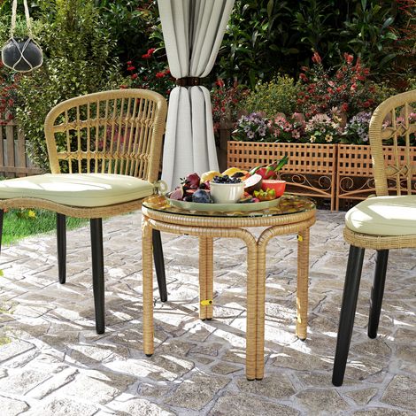 Tavolino rotondo in resina intrecciata, tavolino da giardino con piano in vetro, facile da pulire, Ø 50 x 44 cm, giallo