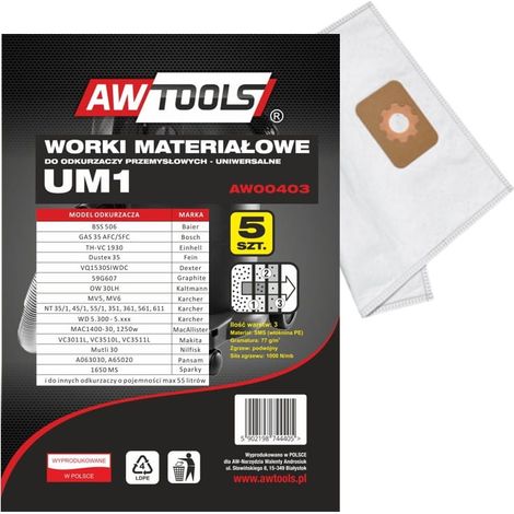 SACCHETTI IN MICROFIBRA AWTOOLS, set da 5, UM1, GAS35/VC3011L/VC3510L/VC3511L