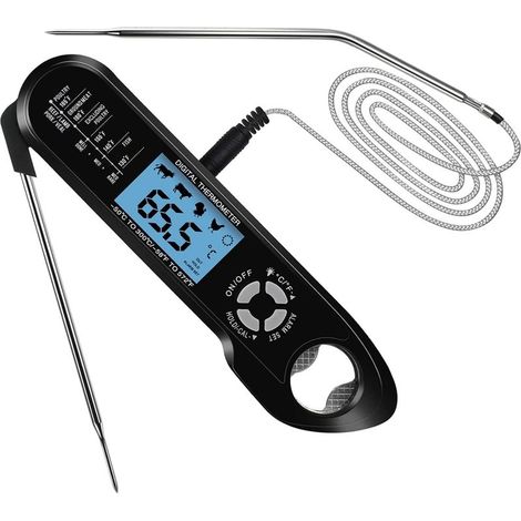 Termómetro para carne, termómetro de lectura instantánea para alimentos con doble sonda, pantalla LCD retroiluminada, alarma de temperatura y función de sacacorchos. Termómetro digital para cocinar. (1/5)