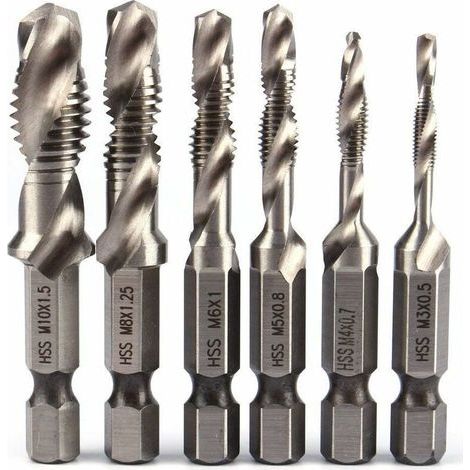 6pcs HSS Jeu de Foret Mèche à 1/4" Tige Hexagonale Set Robinet de Foreuse de Combinaison HSS Bit M3-M10 Filetage Métrique Drill Pour Bois fer Aluminium Argent (1/5)