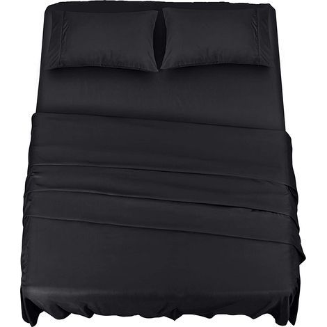 Polyester Microfibre Parure de lit (4 pièces, Noire) - 1 Drap Housse 150x200cm, 1 Drap Plat 266x259cm et 2 Taies d'oreiller 50x75cm (1/5)