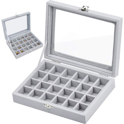 Boîte à bijoux à 24 compartiments avec couvercle en verre transparent, idéale pour les bagues, montres, colliers, boucles d'oreilles, etc. (1/5)