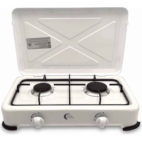 Facilitys Réchaud à gaz 2 feux en acier émaillé Brûleurs réglables 1200W/1400W Pour camping et activités en extérieur Sortie gaz propane/butane (1/5)